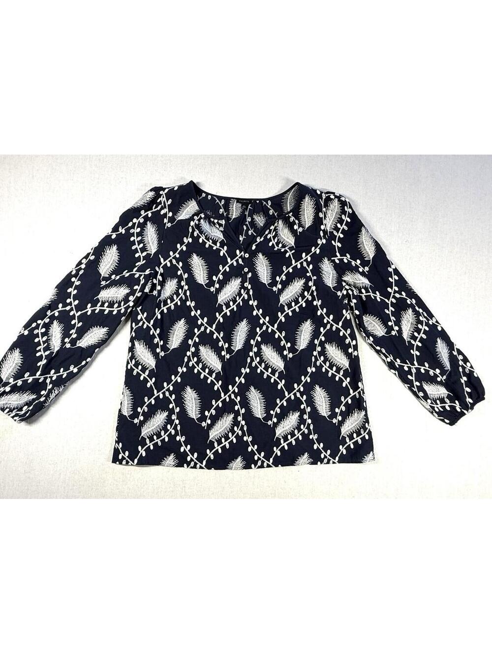 Talbots Embroidered Popover Blouse Top XL Navy Blue Feather Long Sleeve Peasant